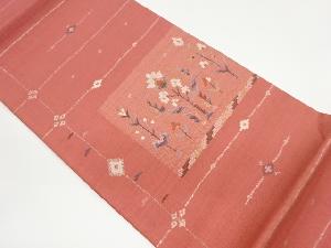 手織り紬草花模様織出し袋帯